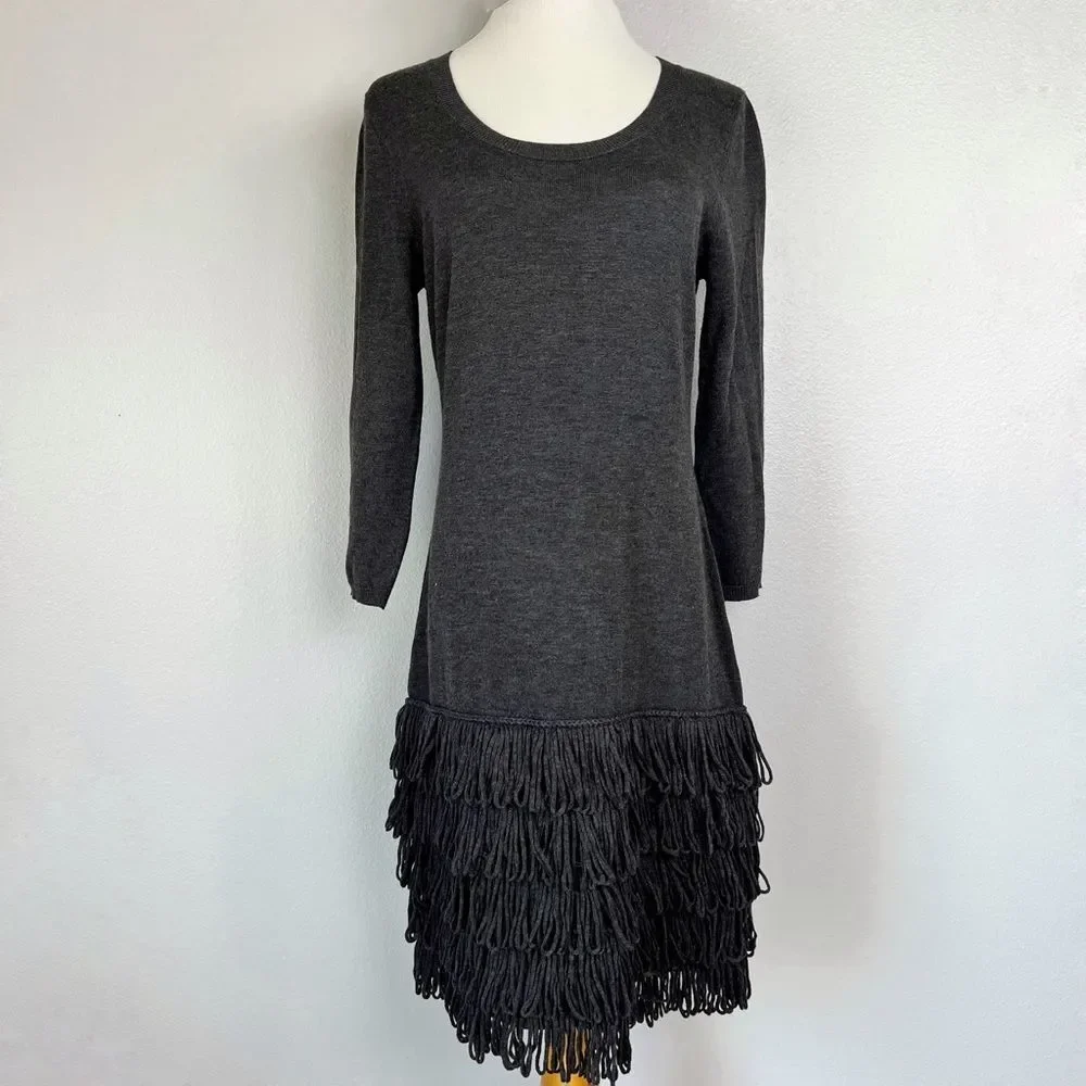 Calvin Klein Dark Grey Fringe 3/4 Sleeve Scoop-neck Bodycon Sweater Dress